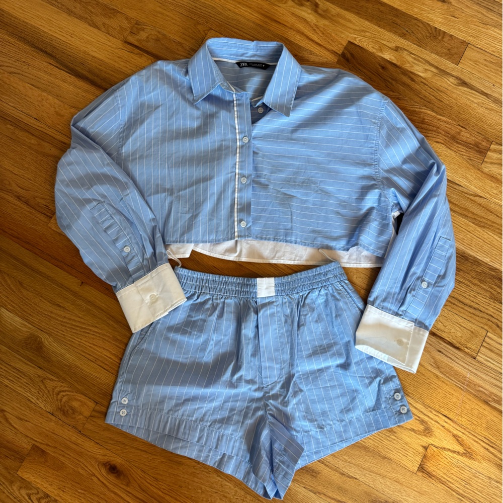 ZARA blue striped shirt and shorts set